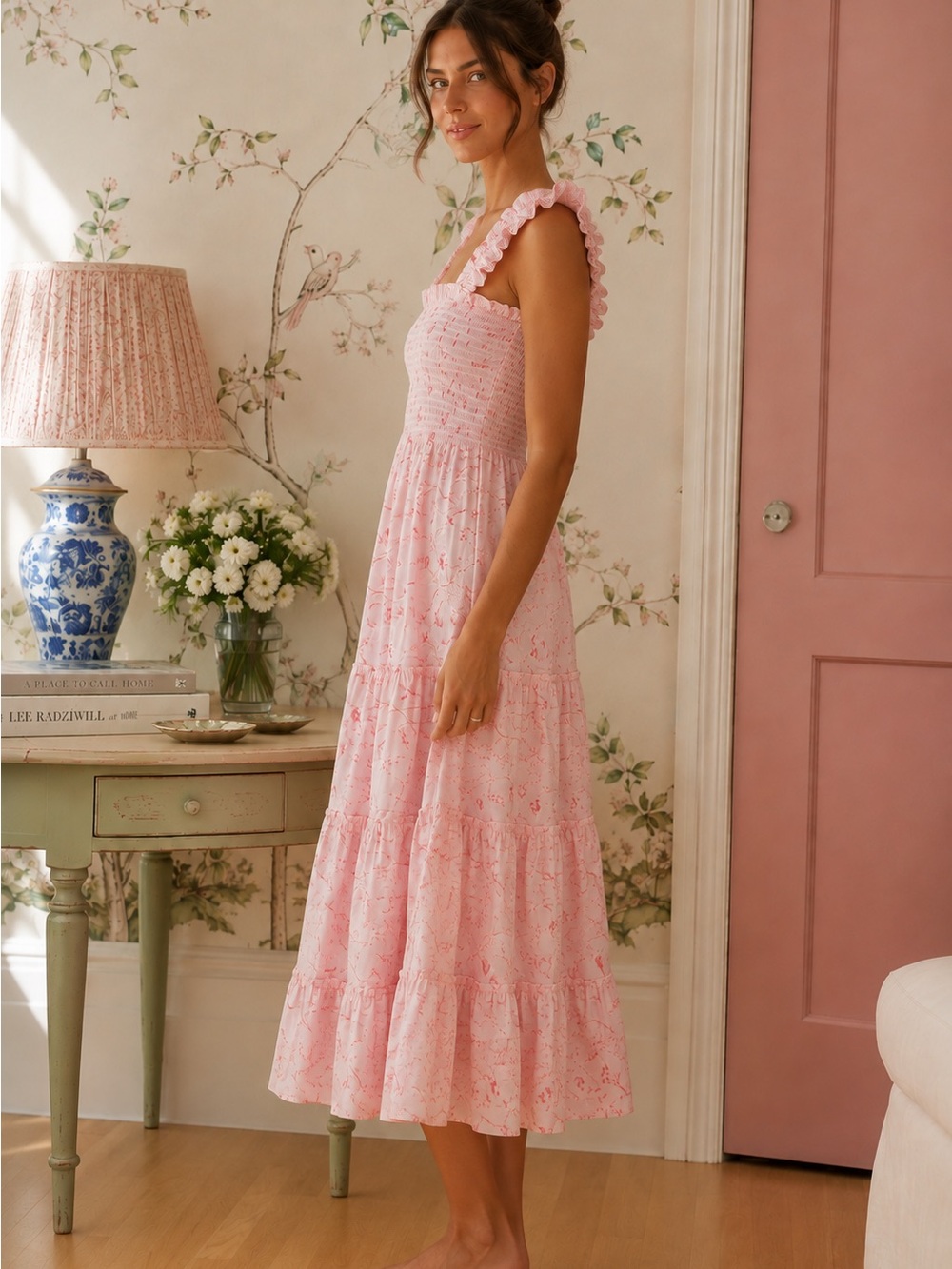 Hill House Nap Dress in Bridgerton Pink Floral Smocked Ruffle Tiered Small - Picture 2 of 11